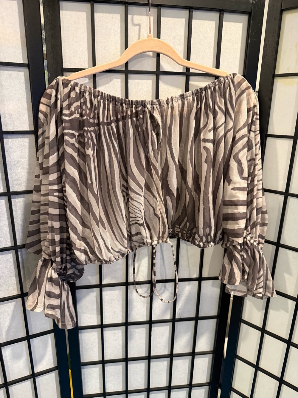 Off-Shoulder Zebra-Print Crop Top in Taupe & Gray (G3)